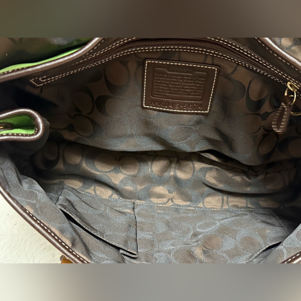 Coach Hampton Flap Satchel- Green Suede Shoulder Bag with Brown Leather Straps - Picture 9 of 14